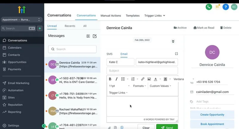 GoHighLevel automation dashboard showing conversations, workflows, and lead management tools.