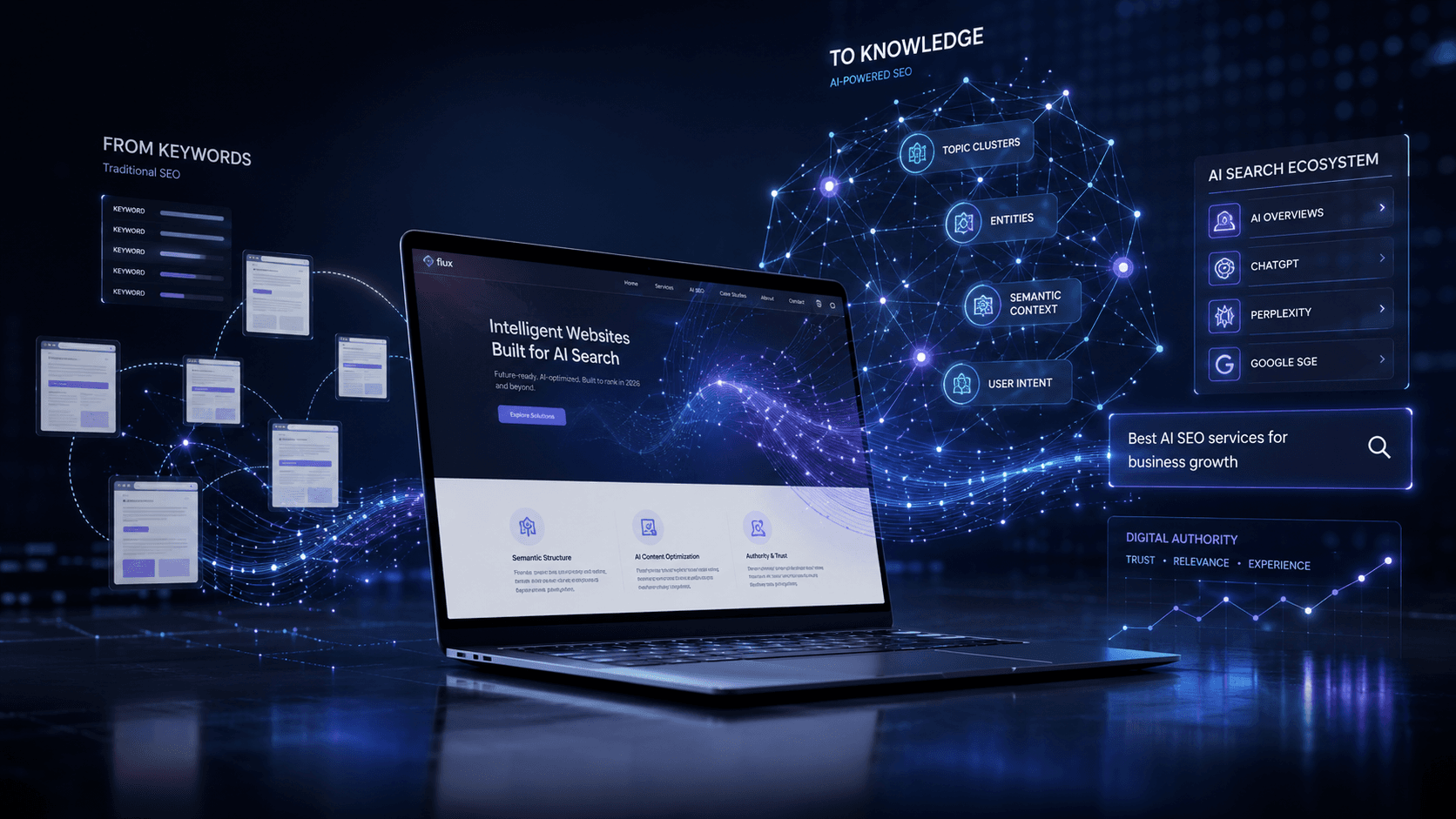Futuristic AI SEO website development concept showing an AI-powered website connected with semantic search networks, knowledge graphs, and intelligent data systems for AI search optimization